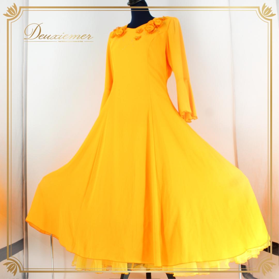 【日本製社交ダンス衣装】ワンピース ドレス オレンジ ラインストーン Mサイズ