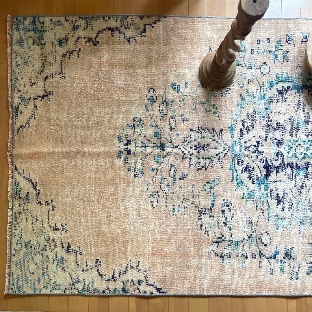 99×222 ペールベージュ×ブルー　メダリオン　擦れトルコヴィンテージラグ