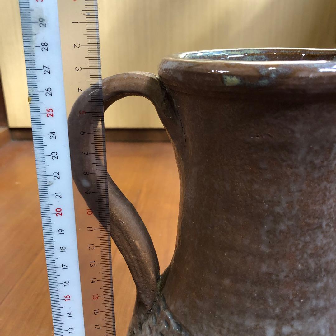 骨董品 青い光が美しい持ち手付き茶色陶器壺 茶道花道水壺 弥生式土器水瓶 作家物