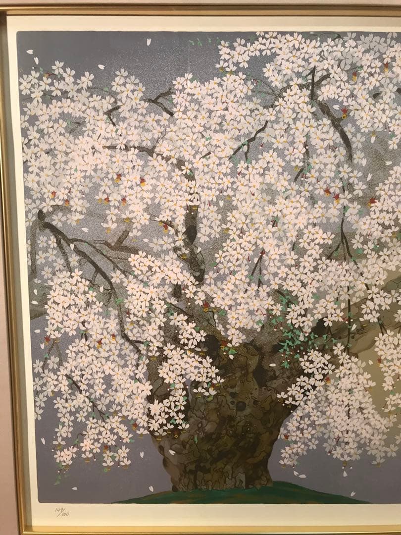 中島千波　「袖之山枝垂櫻」シルクスクリーン　直筆サイン・落款・作品証明シール有り