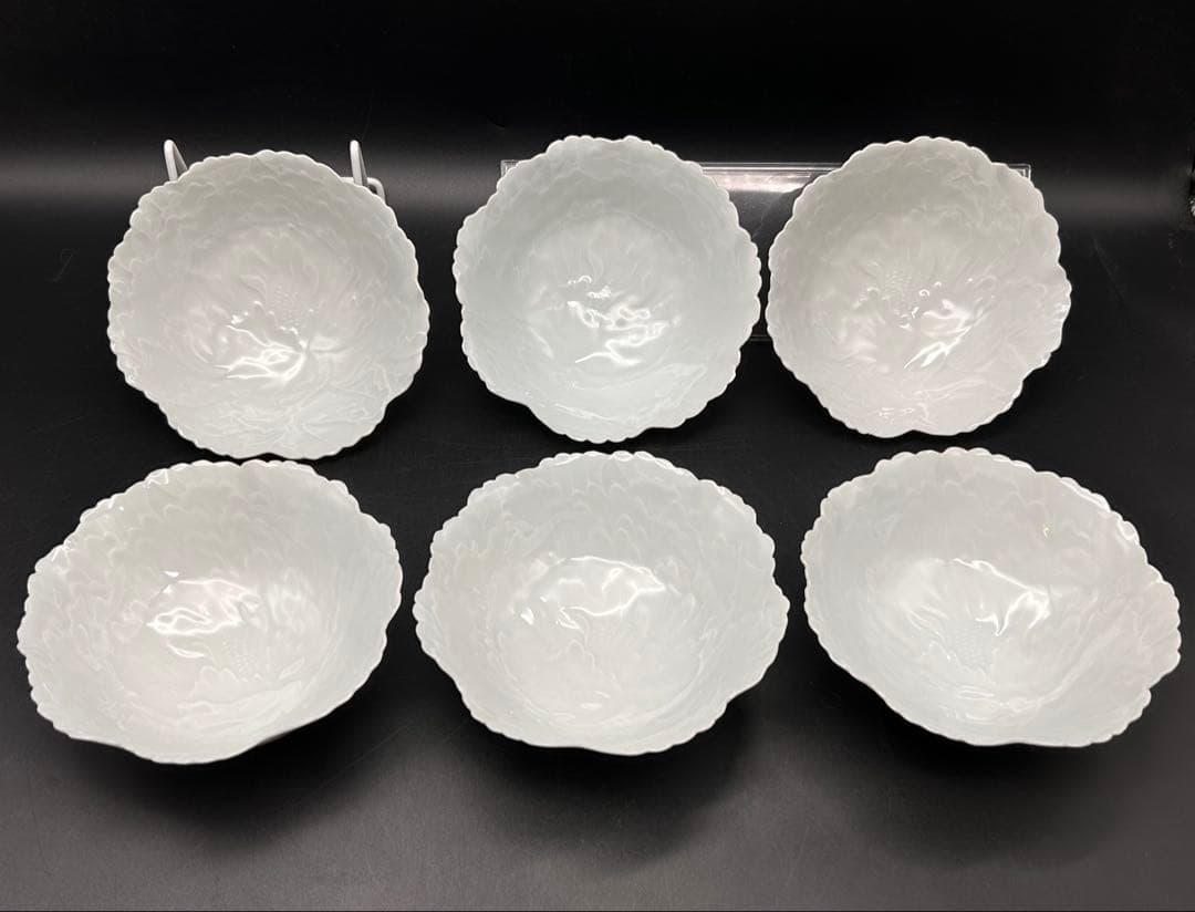 【希少品】樋口一星　白磁　牡丹　中鉢 6客