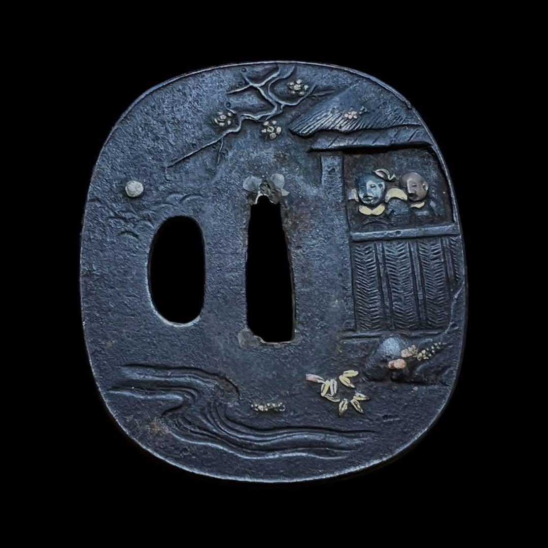 グ*ー様 鸛《古美術》刀装具 本歌 無銘 鉄地 金象嵌人物画花水風景図 鍔 武具