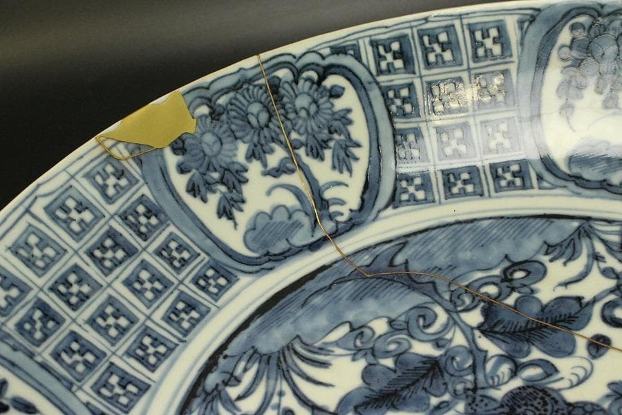 中国美術 呉須 青花 花鳥紋 大盤 φ42cm 明 時代箱(LC112)