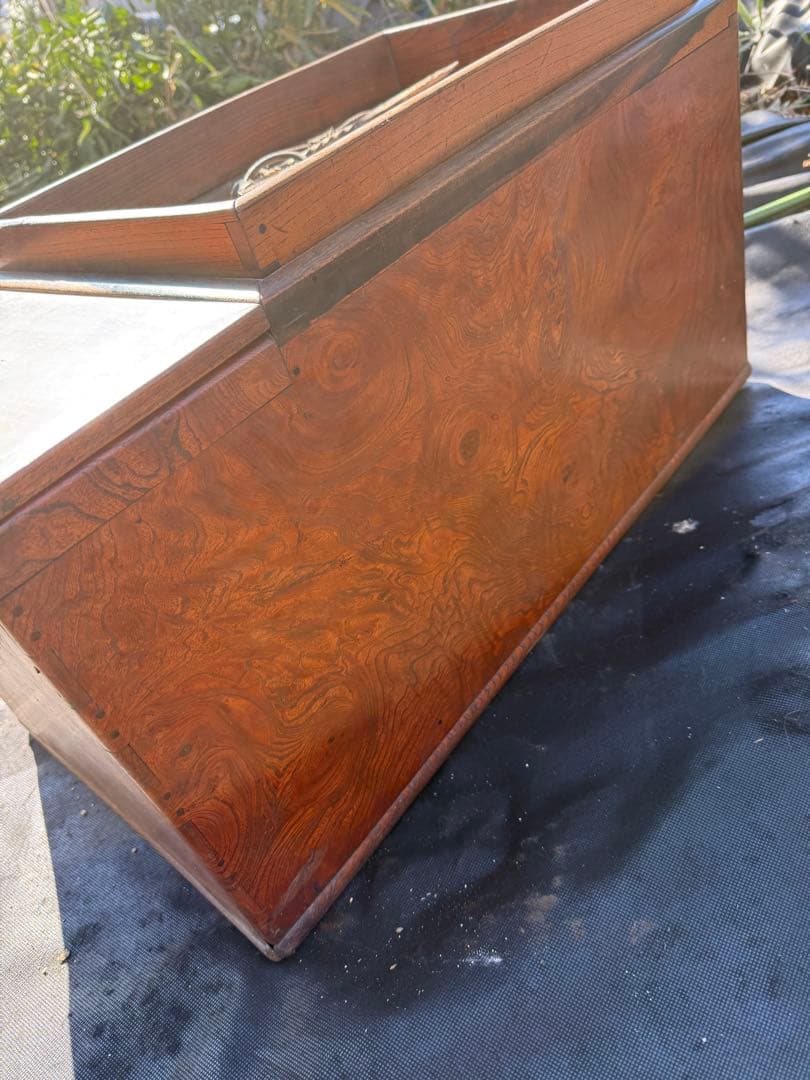 昭和初期 関東長火鉢 欅玉杢 木製 古民具 引き出し付 灰床 五徳 灰匙 猫板付