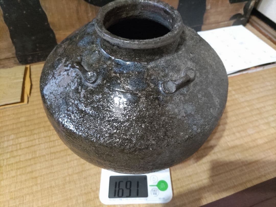 古唐津　叩き唐津　四耳壷　高26㎝　極薄作り1691ｇ