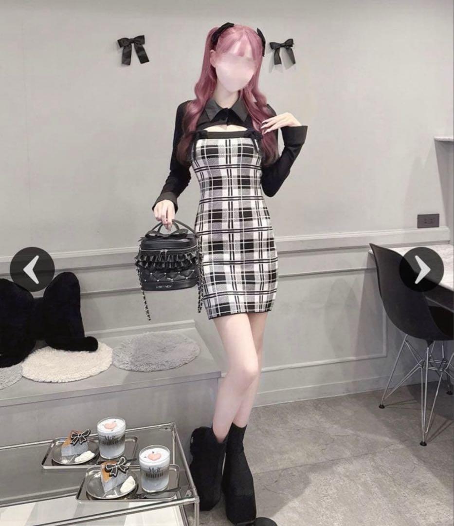 ハニーミュウcheckアンサンブルロングスリーブワンピース フリーサイズ