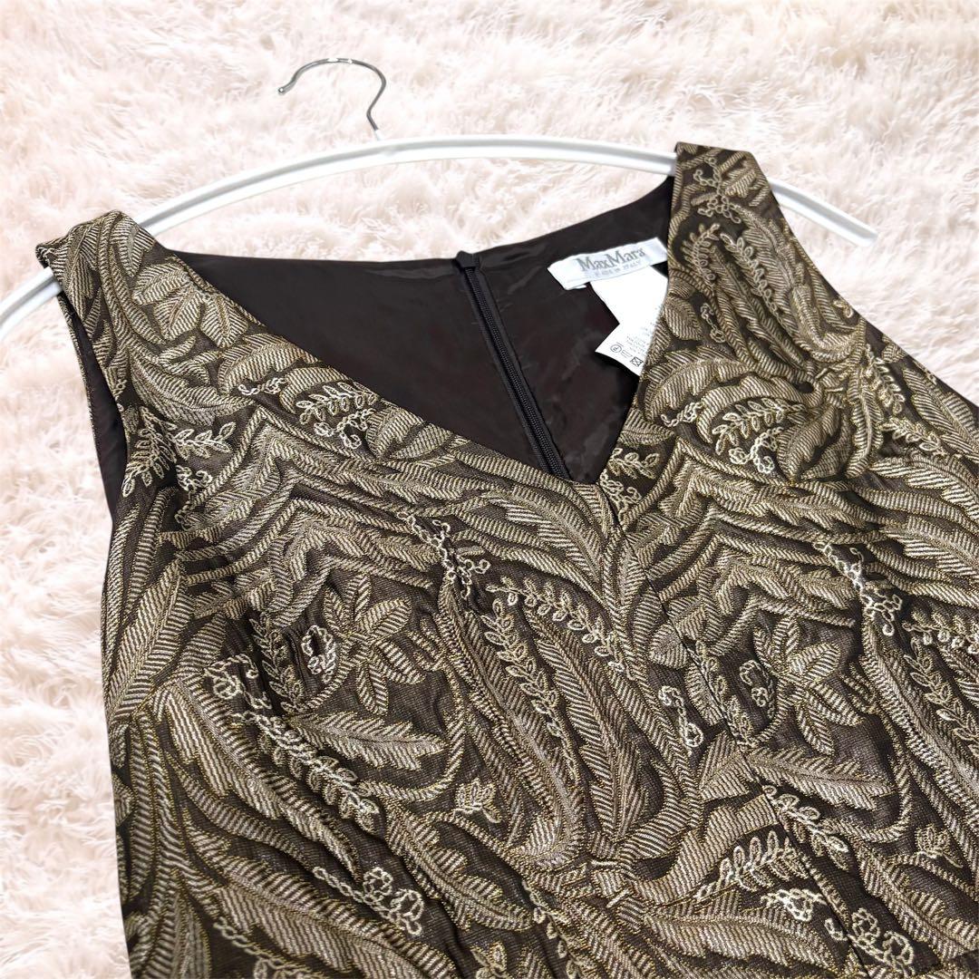 MaxMara 白タグ 最高級 ノースリーブ ワンピース シルク混 総柄 ひざ丈