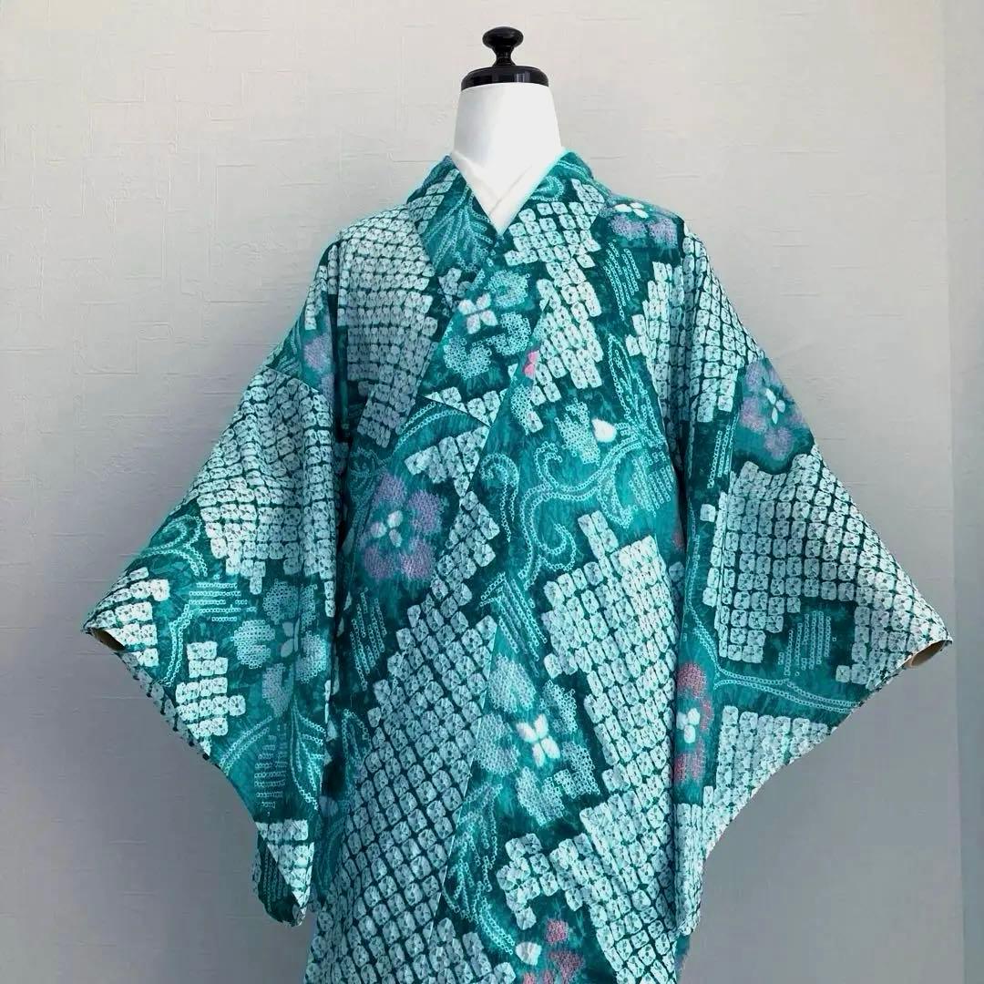 専用なまやつはし様　有松絞り浴衣　蜘蛛絞り　グリーン　花繋ぎ　手縫No.7-12