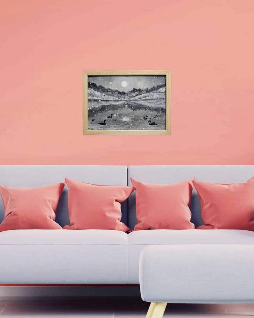 油絵 油彩 油彩画 絵 絵画 【白黒風景のハクチョウ池】