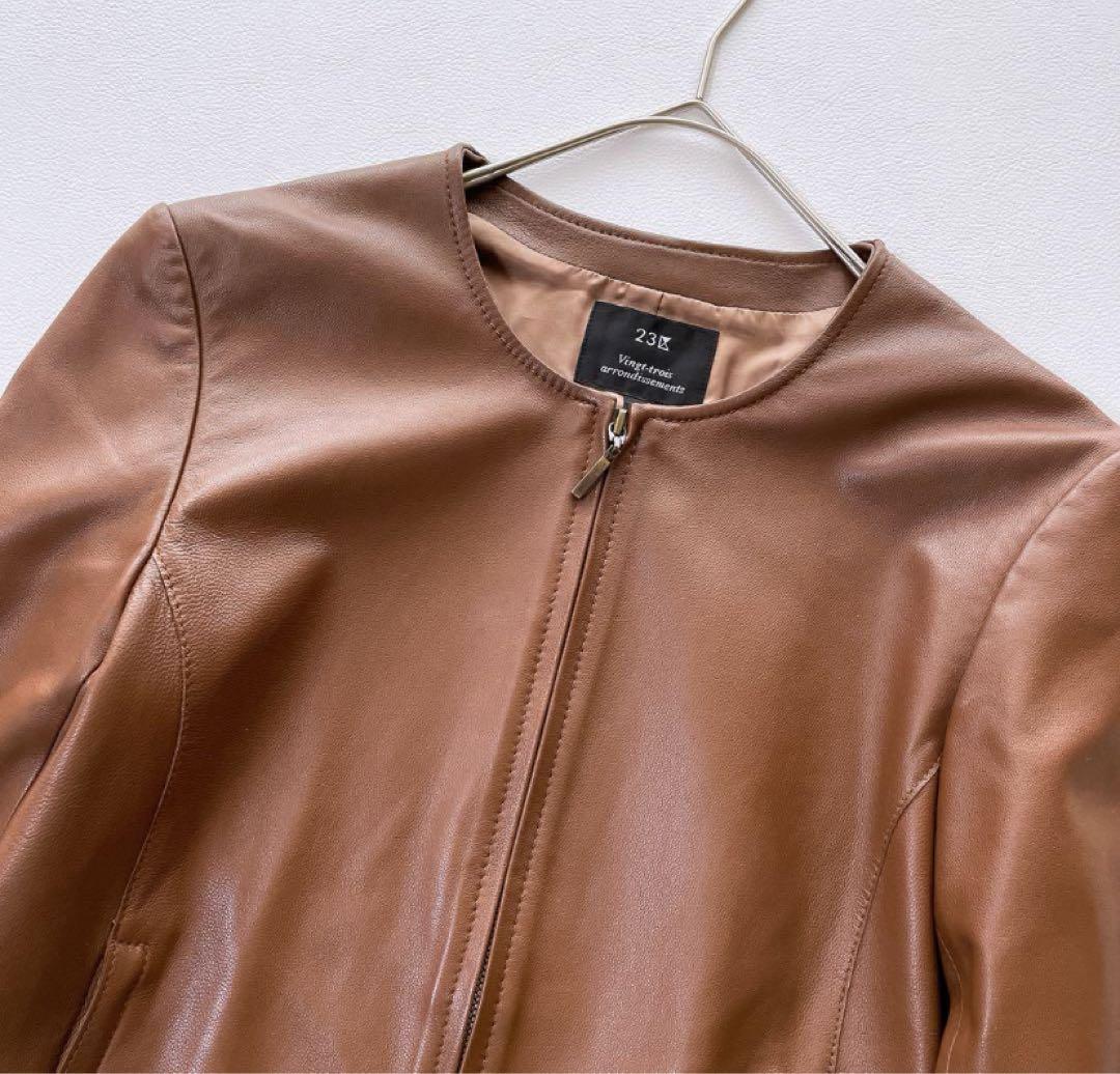 【美品】23区 レザージャケット シープレザー ノーカラージャケット 羊革 40