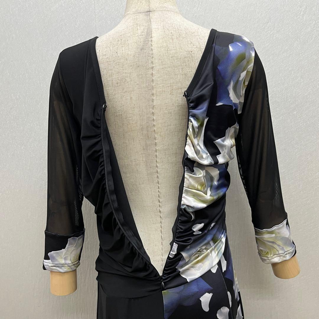 新品 社交ダンス ワンピース ブラック バラ柄　プリント サイズML