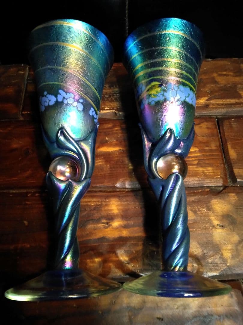 一点物　コリン・ヒーニー　ゴブレット　2個　アート　グラス　吹きガラス　サイン