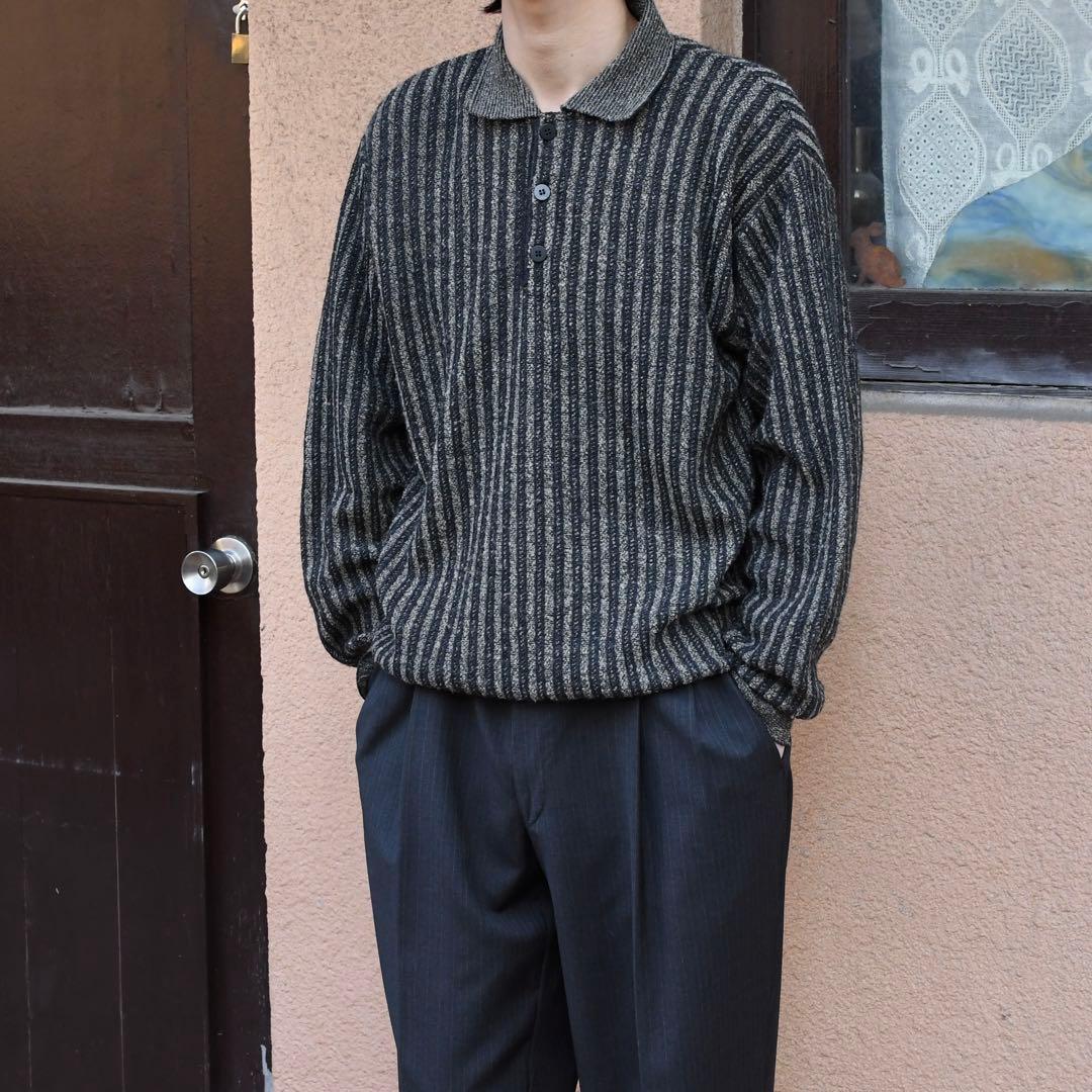 古着 ストライプ ニットポロ ニット セーター デザインニット チャコールグレー