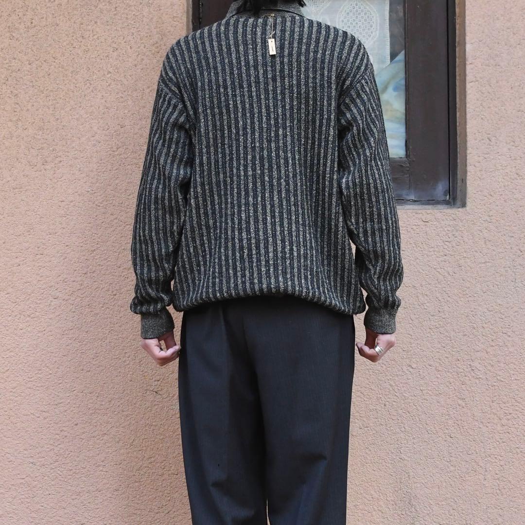 古着 ストライプ ニットポロ ニット セーター デザインニット チャコールグレー