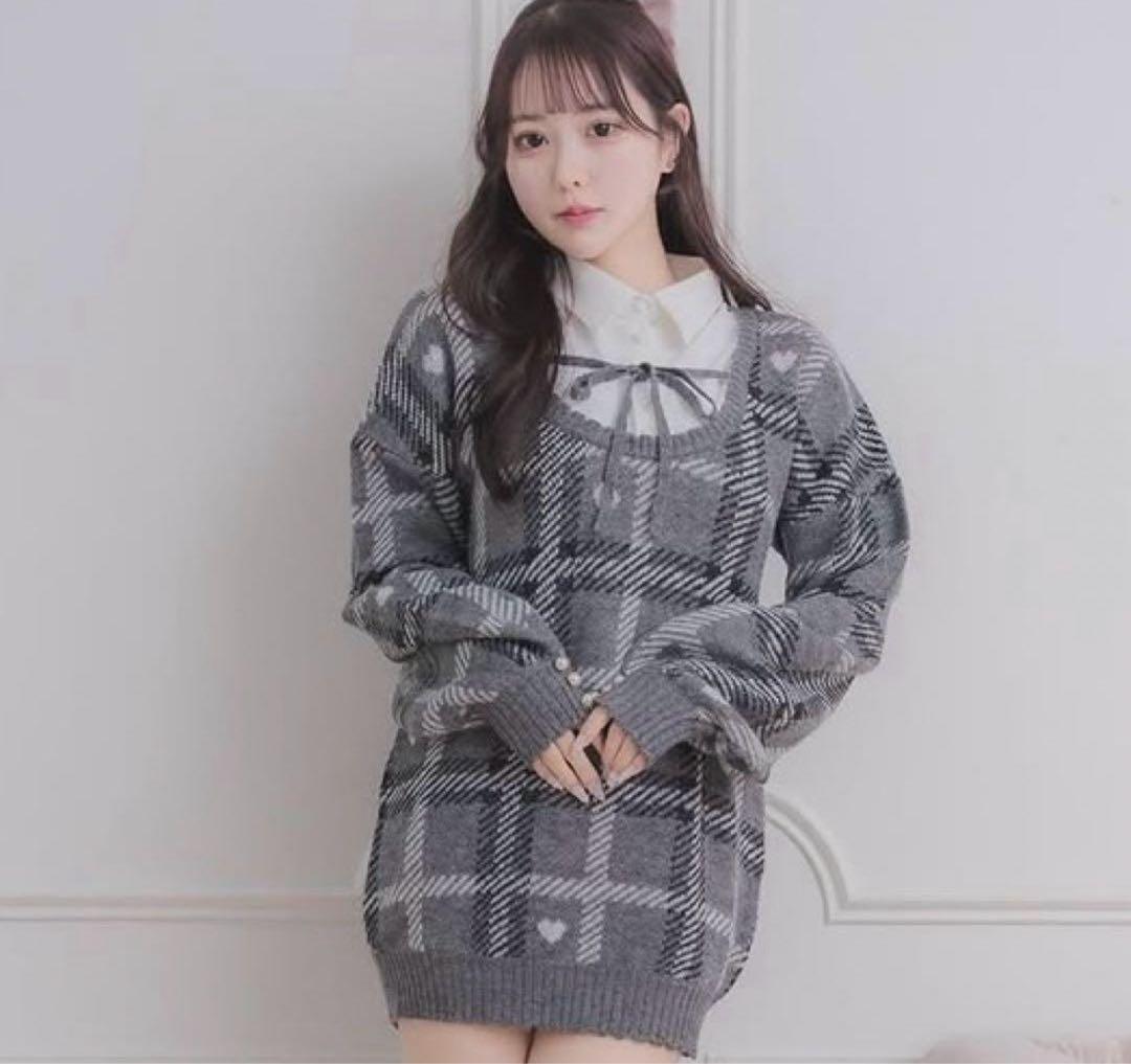 pium ハートチェックレイヤードニットワンピ