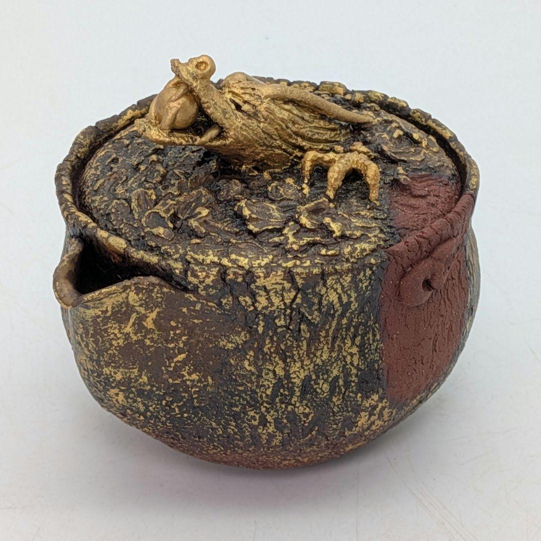 鈴木篤夫 備前焼 金彩備前龍摘宝瓶 四方桟共箱共布栞 手造り宝瓶 煎茶道具 竜