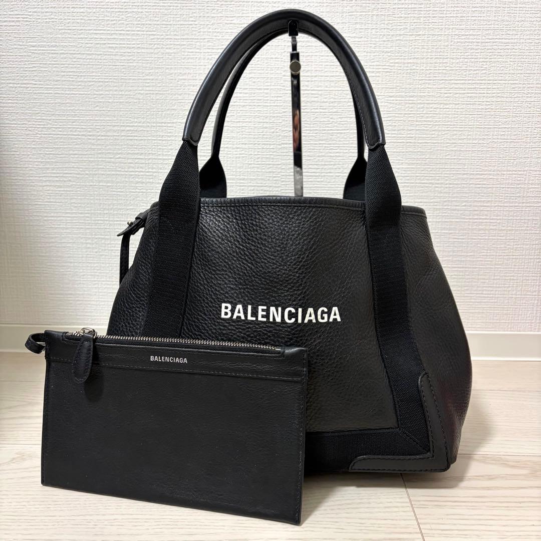 ✨美品・現行✨バレンシアガ　ネイビーカバスS　ハンドバッグ　レザー　ポーチ　黒