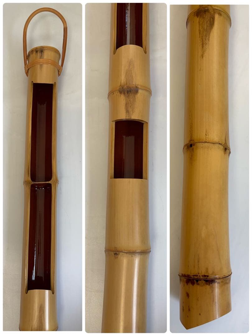 生野徳三 白竹掛筒華入 白竹歌華筒 内朱塗 華入れ 全長約136㎝ -483-