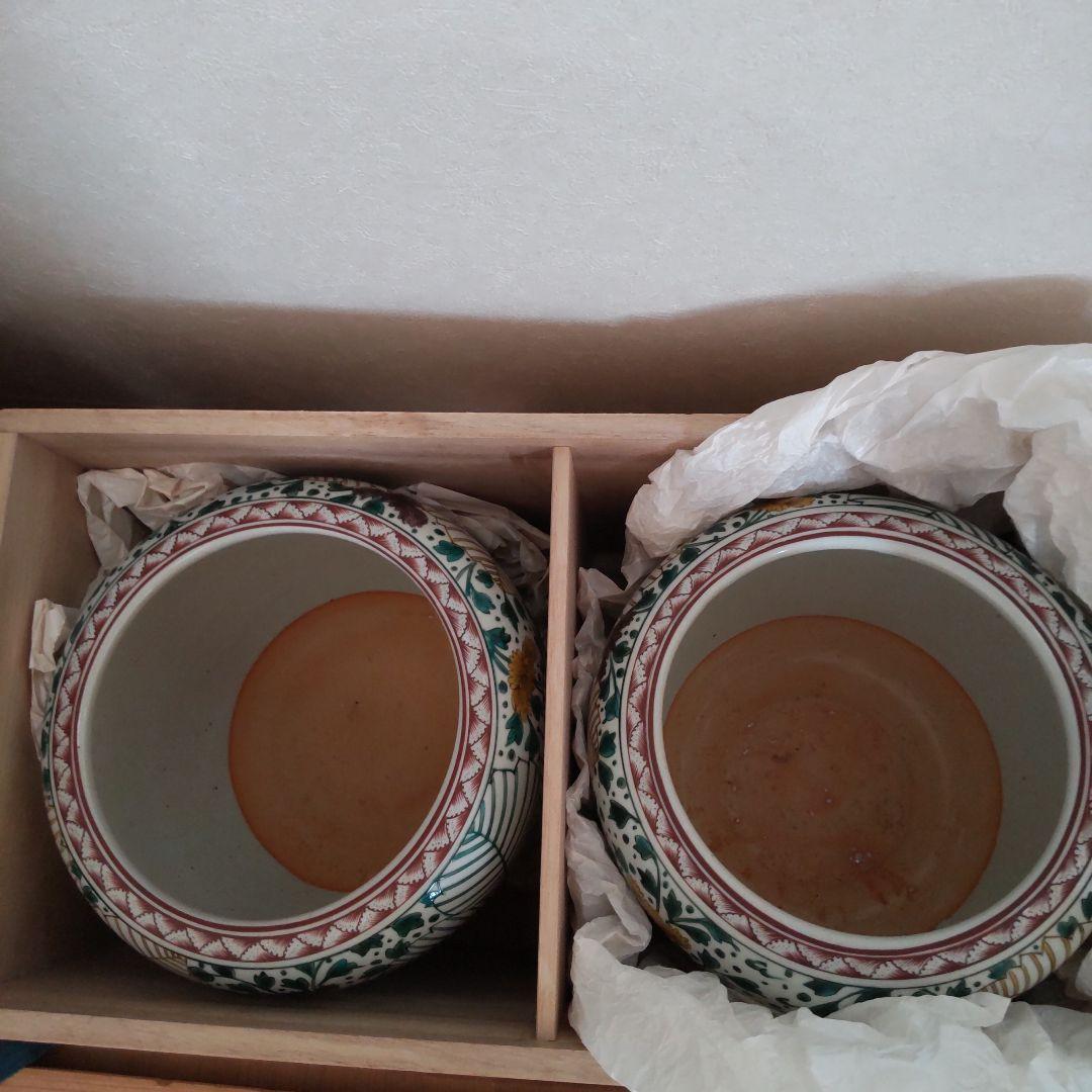 九谷焼柏葉文　火鉢　一対　木箱付き