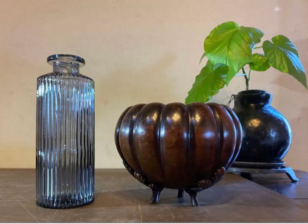 美品　精銅製カボチャ型3足香炉　ミニ色ガラスボトル付　２点セット アンティーク