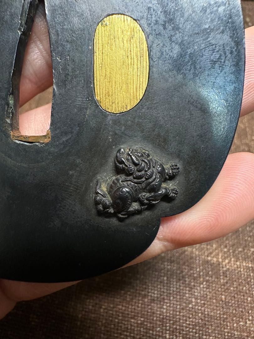 赤銅　鍔　つば　武具　象嵌　波兎　獅子牡丹　江戸時代　骨董古美術