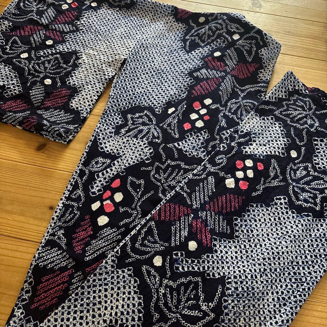 【SALE】有松鳴海絞り浴衣 手縫い 身丈161 葡萄 花紋 ヴィンテージ 浴衣