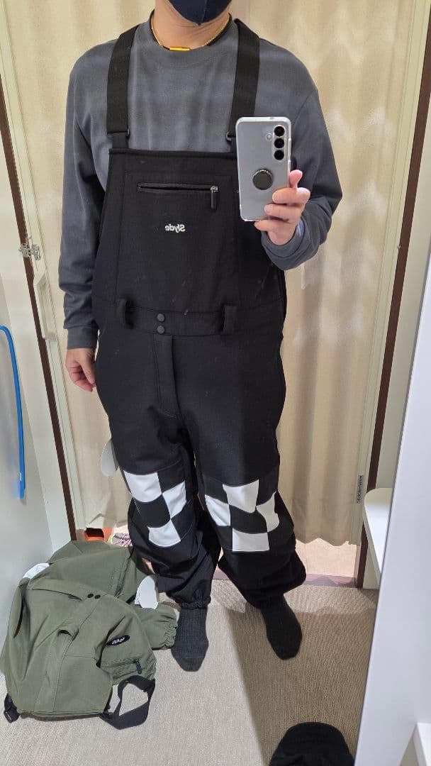 ブラック チェッカーパターン オーバーオール M