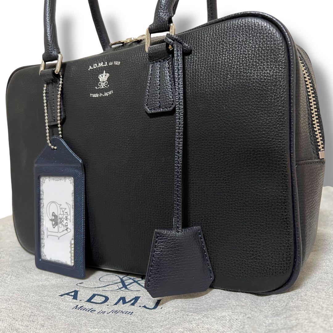 美品 A.D.M.J. ミニボストンバッグ レザー ブラック　パスケース 保存袋