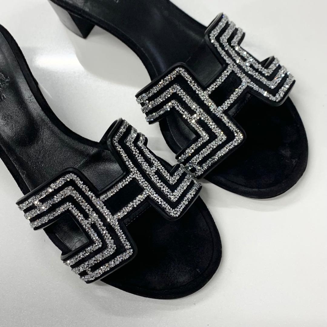 エルメス オアジス スエード フラットサンダル ラインストーン ブラック