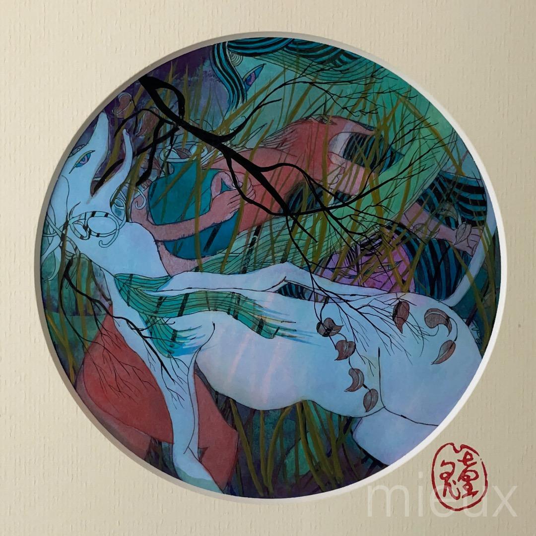 小川童鬼「人乾期水壺争奪鏡」水彩 額付 中古 美品