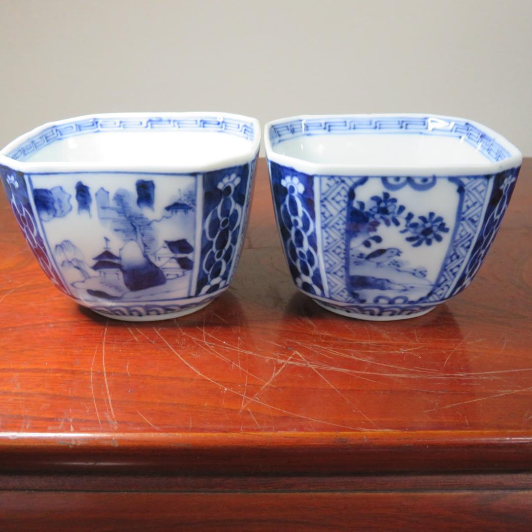 向付 2客 角鉢 染付 名家 蔵出し 初荷 極美品 風景 鳥 その2