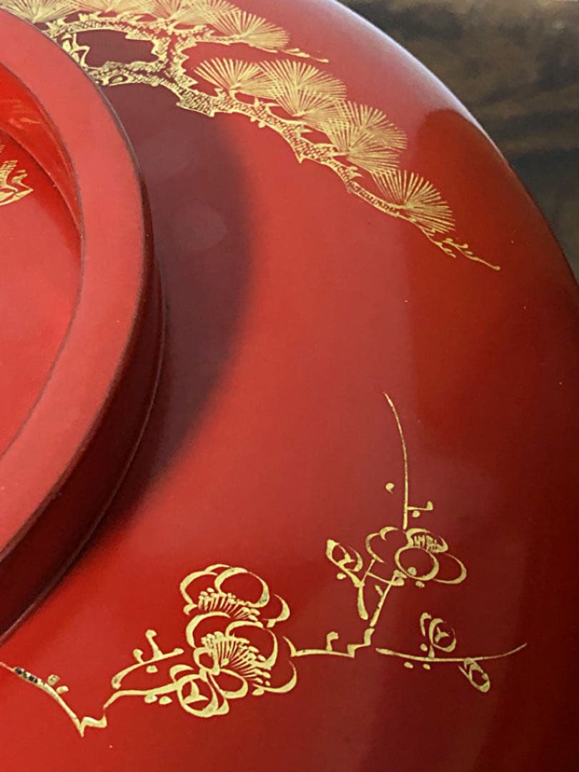 時代 蒔絵 朱塗り 金彩松竹梅 鶴亀 木製菓子鉢 合わせ箱付き