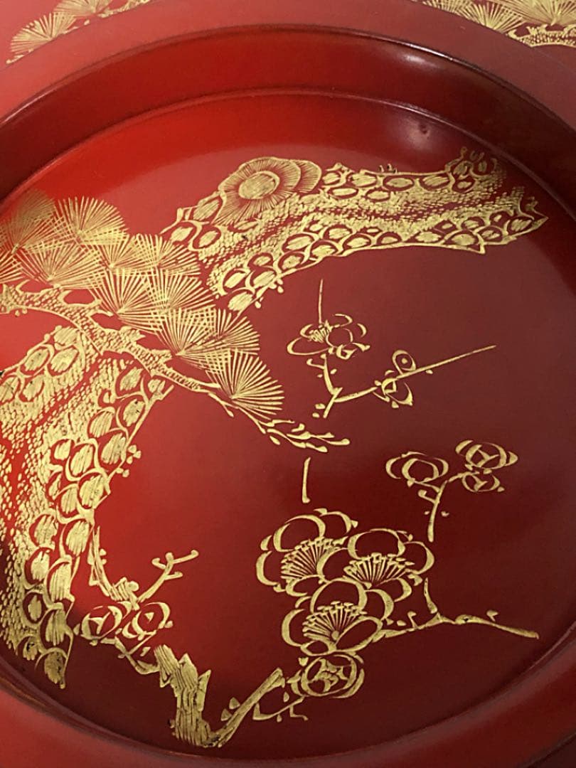 時代 蒔絵 朱塗り 金彩松竹梅 鶴亀 木製菓子鉢 合わせ箱付き