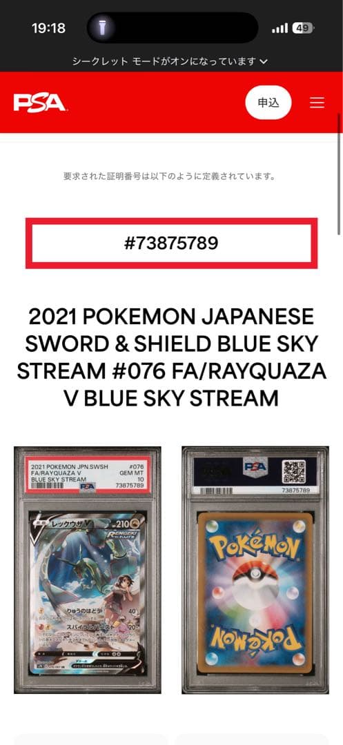 L*様 レックウザ　sr PSA10