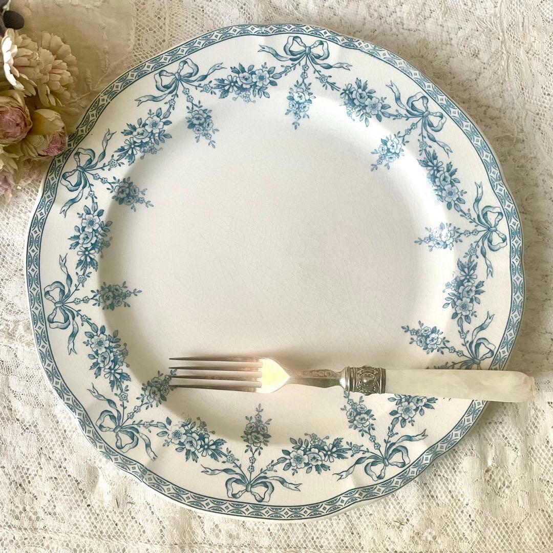 エミールブルジョワ窯ブルーリボンのガーランドプレート　平皿　フランスアンティーク