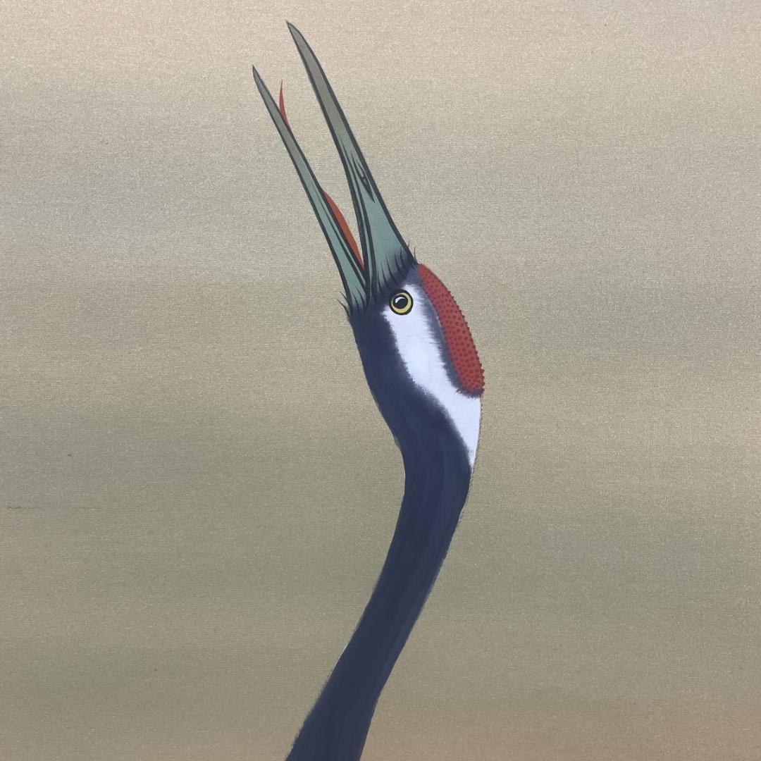 真作/国井幸雪/双鶴図/鶴/花鳥/桐共箱二重箱付/布袋屋掛軸A-284