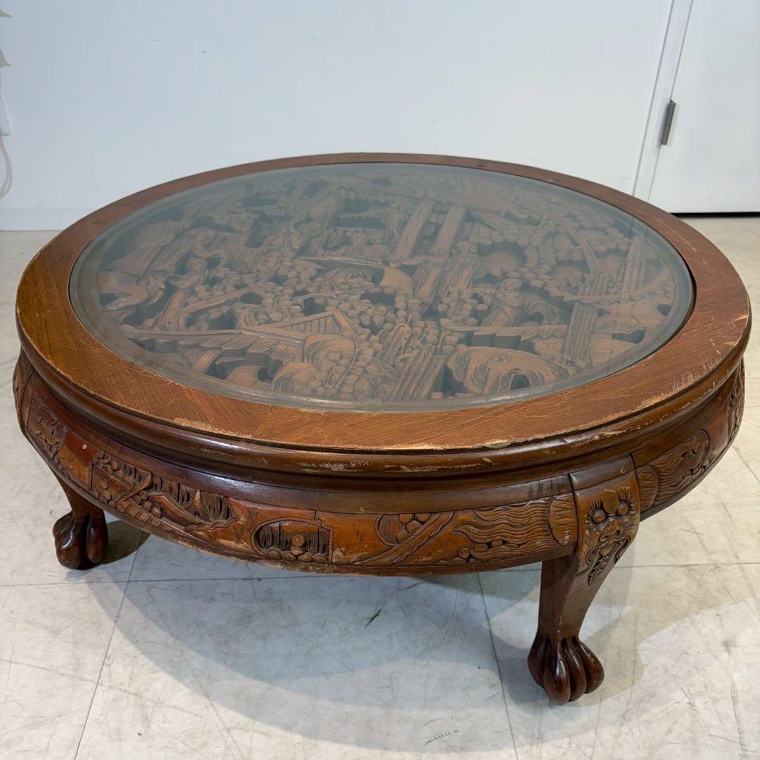 アンティーク彫刻家具 座卓 ちゃぶ台 猫脚 骨董　中国　ローテーブル