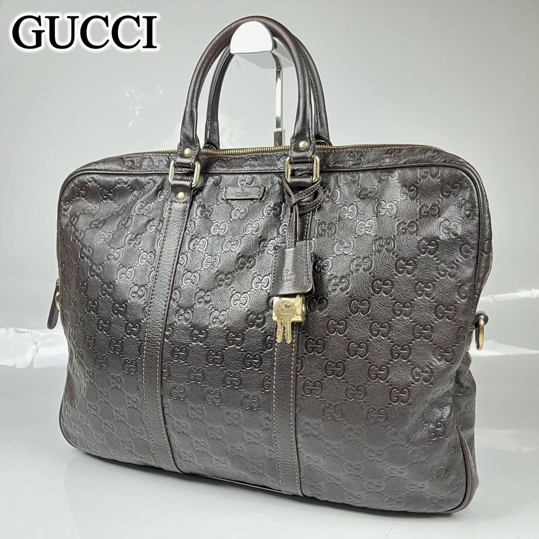 【極美品】グッチ ビジネスバッグ シマレザーGG 本革 ダークブラウン メンズ