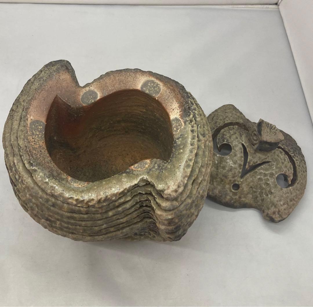 B154 山本出造「備前ブルゴーニュ土  積上香炉」 共箱　線香立付 フクロウ