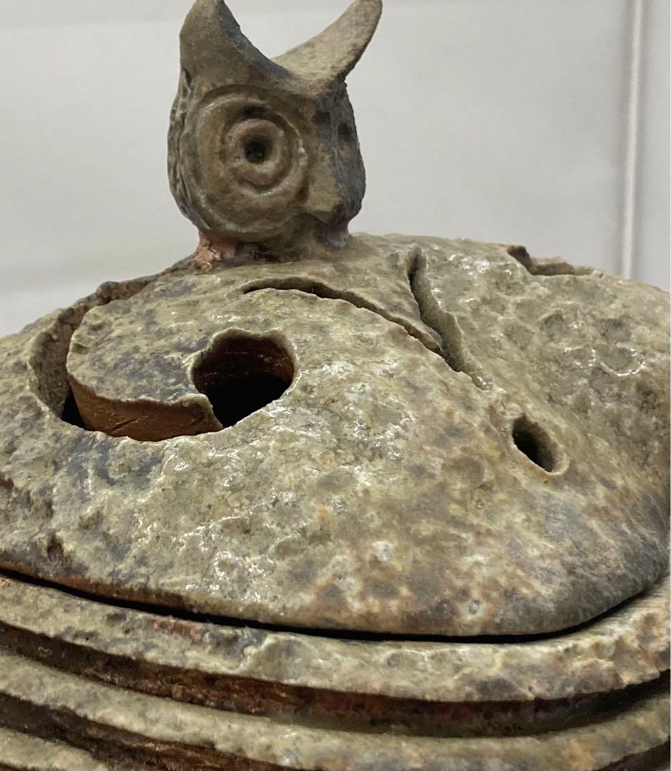 B154 山本出造「備前ブルゴーニュ土  積上香炉」 共箱　線香立付 フクロウ