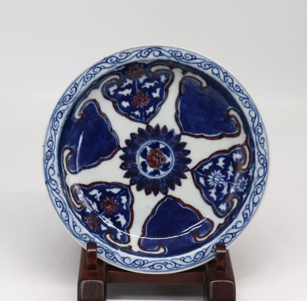 中国　大清康熙年製銘　青華釉裏紅蓮紋皿　送料込み0805