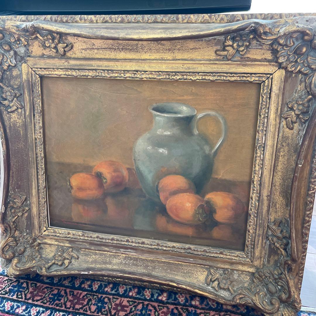 油画　静物　柿と壺