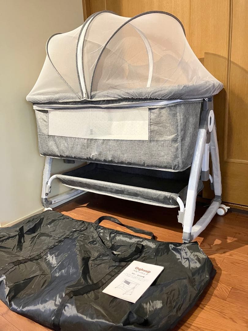 【ベビーベッド】添い寝タイプ／高さ6段調節・蚊帳・ゆりかご機能付き