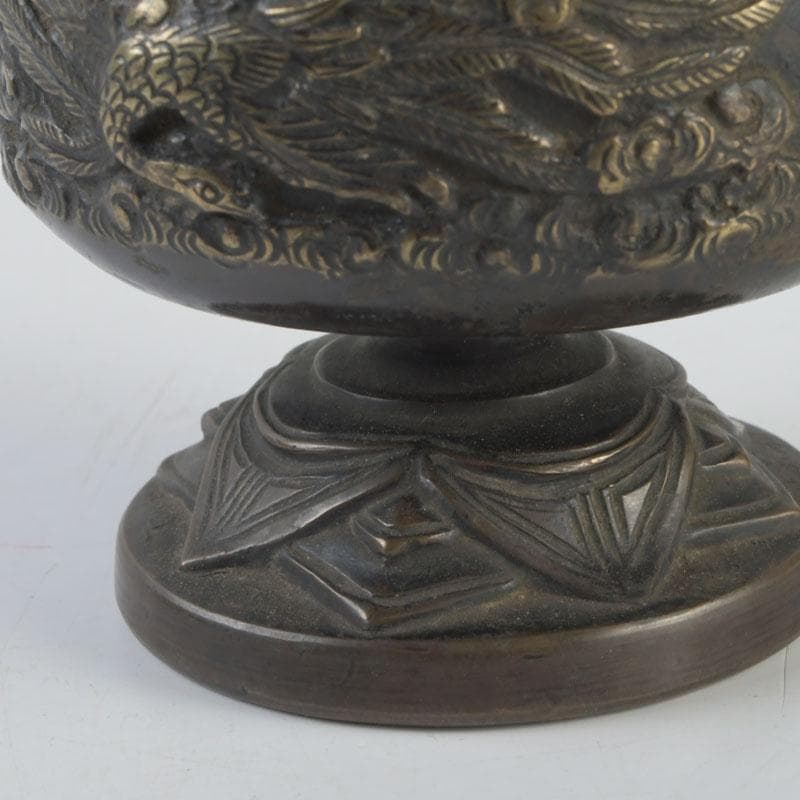 中国　古銅宣徳銅　獅子摘　龍鳳凰刻　蓋爐　香炉　V　9622