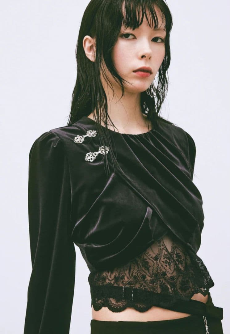 トップス tanakadaisuke gather neck velour tops