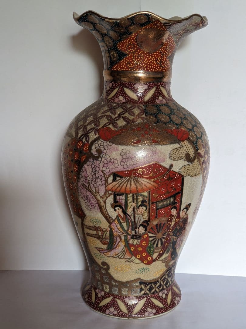 ♦越前 九谷焼 金彩色絵 花車遊女図 飾り壺 瓶花瓶 工芸品 コレクション骨董品