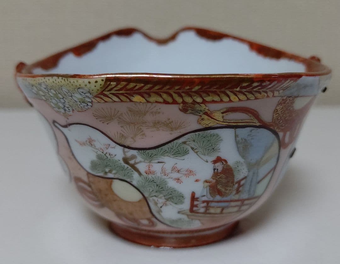 九谷焼 煎茶揃え 7点 茶器 茶道具 赤 ピンク 金 アンティーク