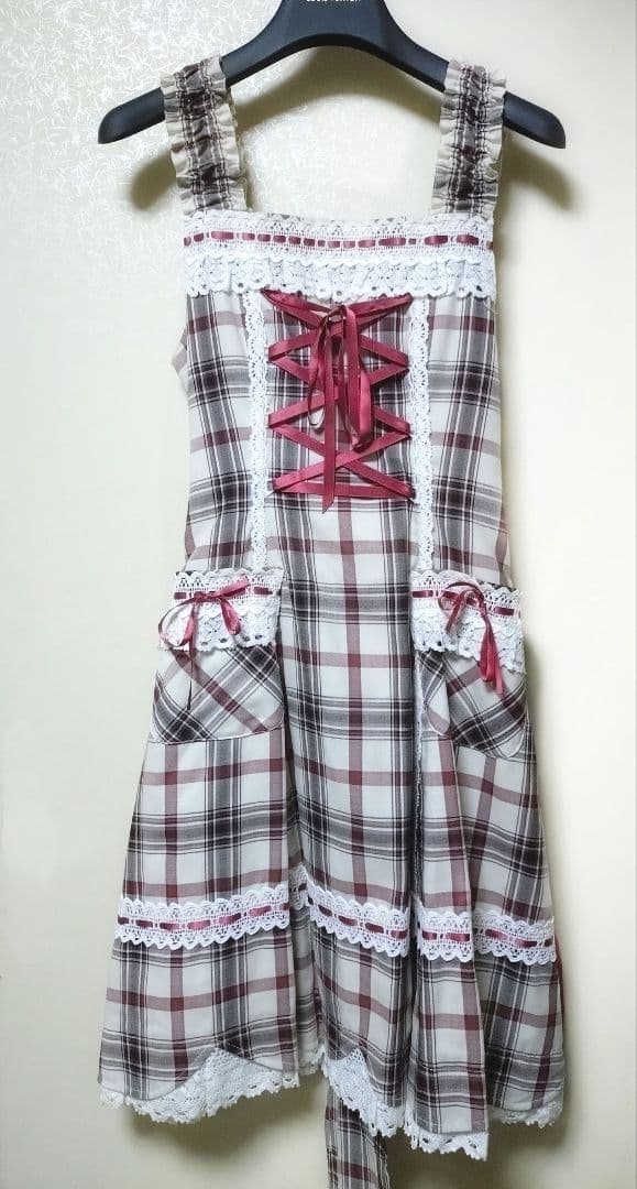 裾スカラップタータンチェックジャンパースカート 生成×エンジ