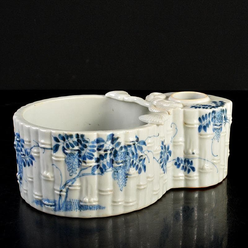 瀬戸焼　古瀬戸　書道具　染付　花鶴文　瓢箪形　筆洗　水盂　F　R7455