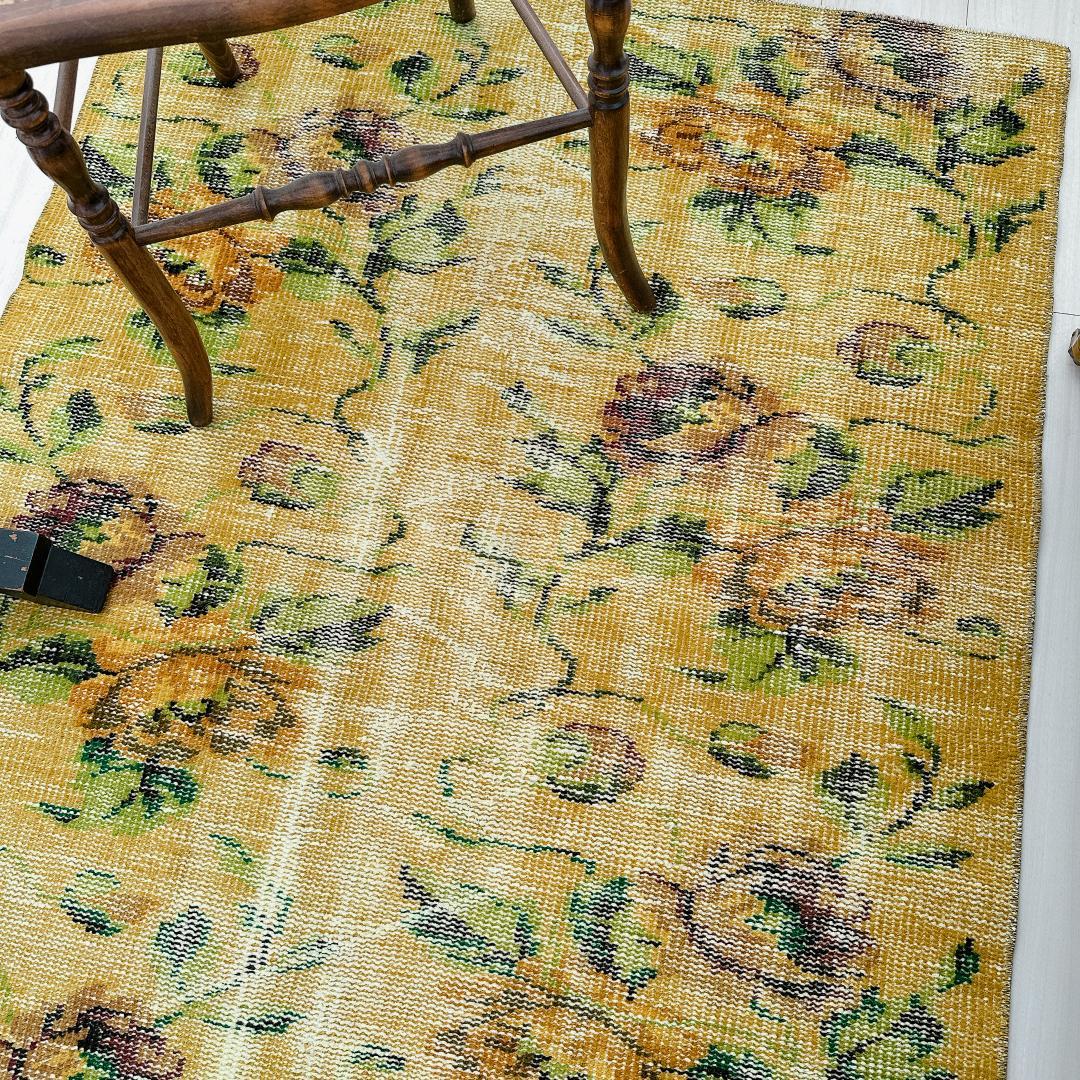 トルコヴィンテージラグ A77 レア イエロー グリーン オーバーダイラグ
